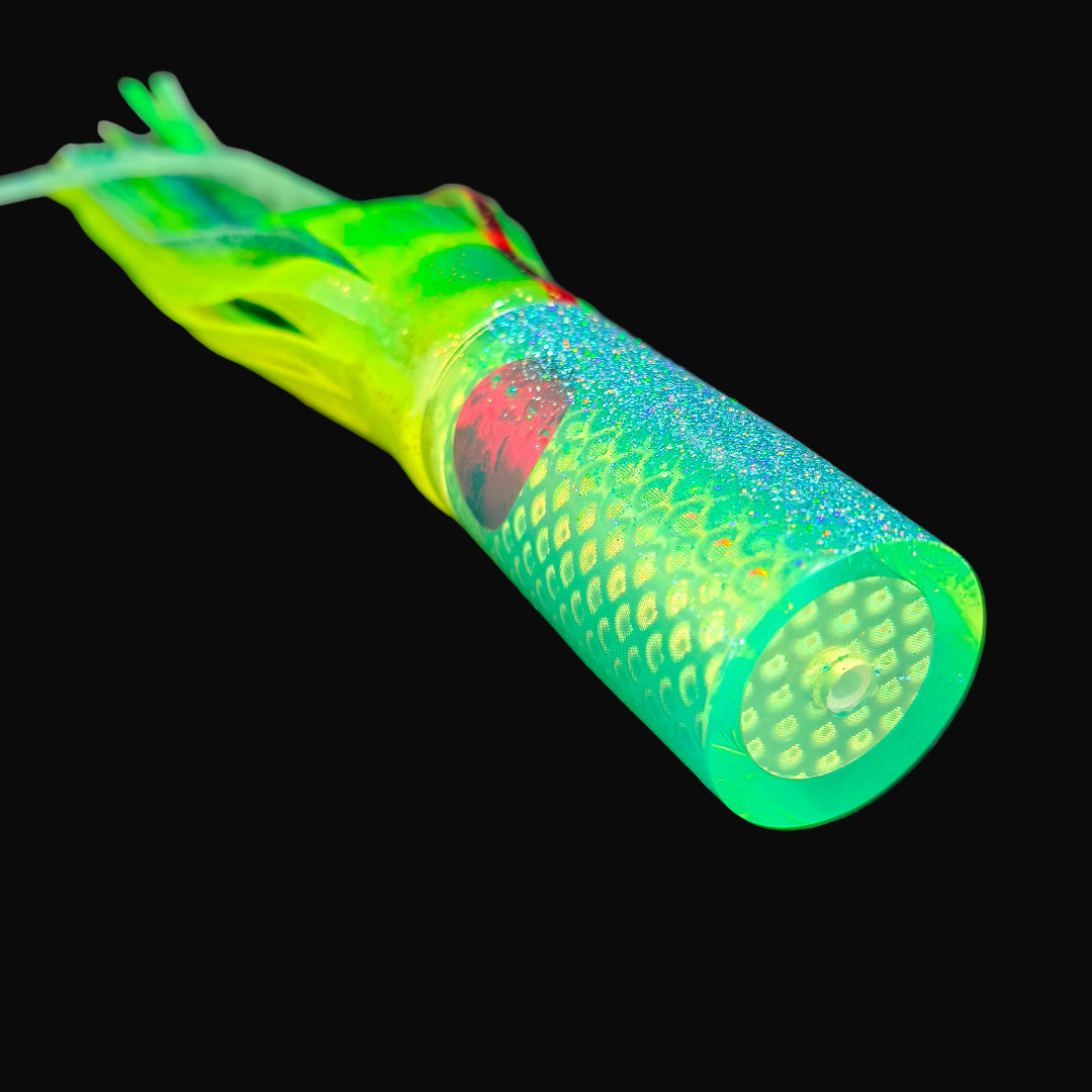 Tantrum Medium AMN game lure with Fluro Yellow head and Blue Ocean skirts in Fluro Green over Aqua Blue.