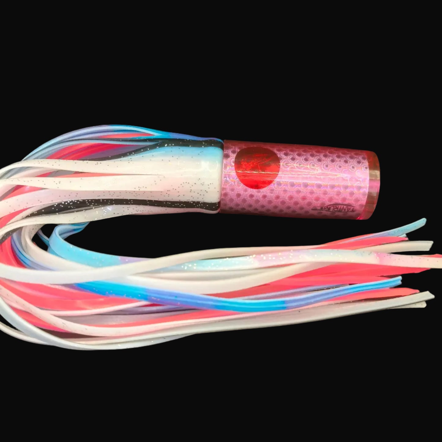 Tantrum Medium AMN trolling lure pink head with blue ocean blue and white skirts over pink, Game fishing Lure