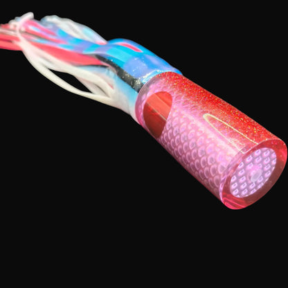 Tantrum Medium AMN trolling lure pink head with blue ocean blue and white skirts over pink