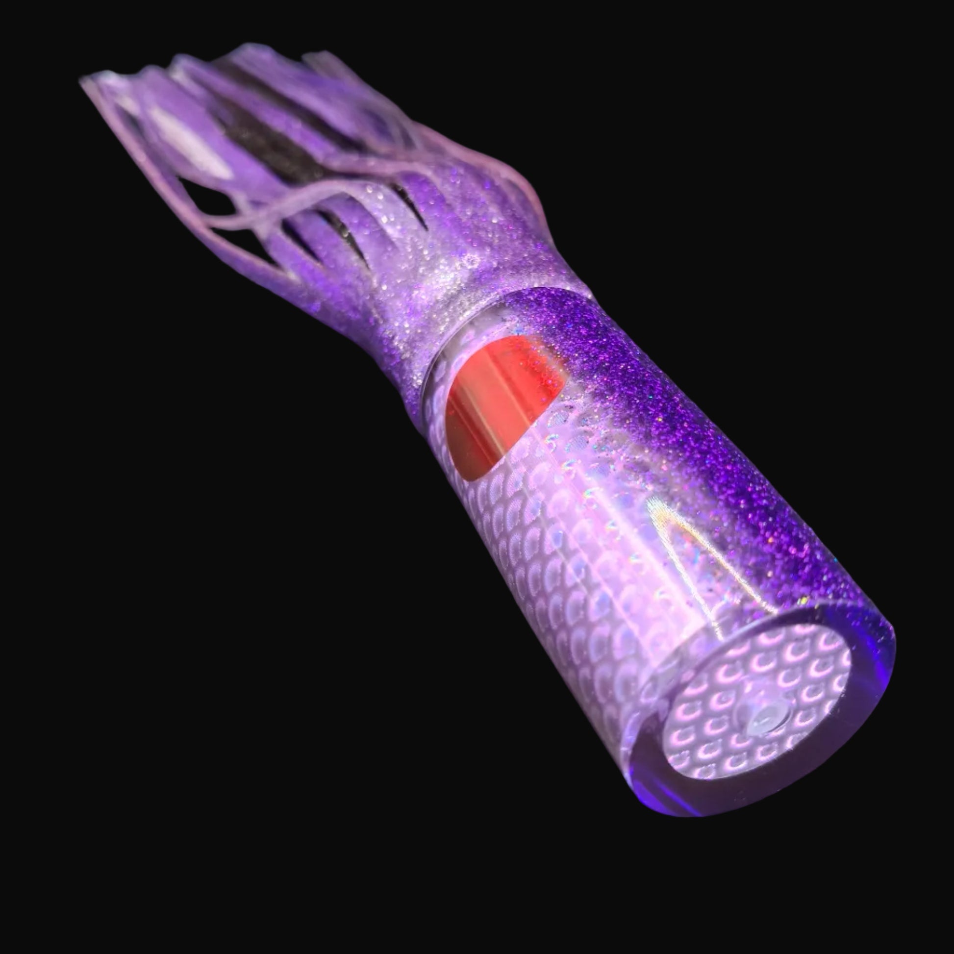 Tantrum Medium AMN trolling lure with purple over black blue ocean rubber skirts, Game Fishing Lure