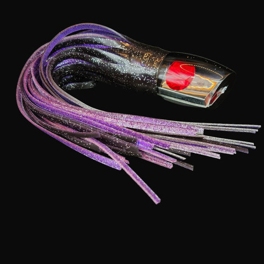 Tantrum Medium Bandit fishing lure – black head with purple-black rubber and ocean blue skirts