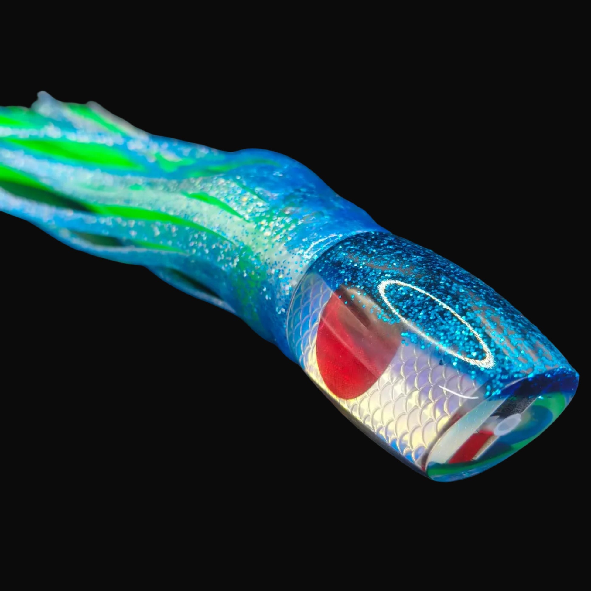 Tantrum Medium Bandit lure with dark blue head and BlueOcean blue-over-green skirts, 330mm. Game Fishing Lure