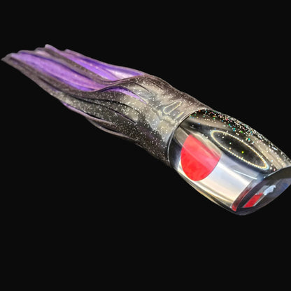 Tantrum Medium Bandit lure with black and silver head, skirted in Blue Ocean black over purple, 300mm. Game Fishing Lure