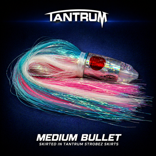 Tantrum medium bullet game fishing lure, skirted in Tantrum Strobez, Warren Hay Marine, Whangarei