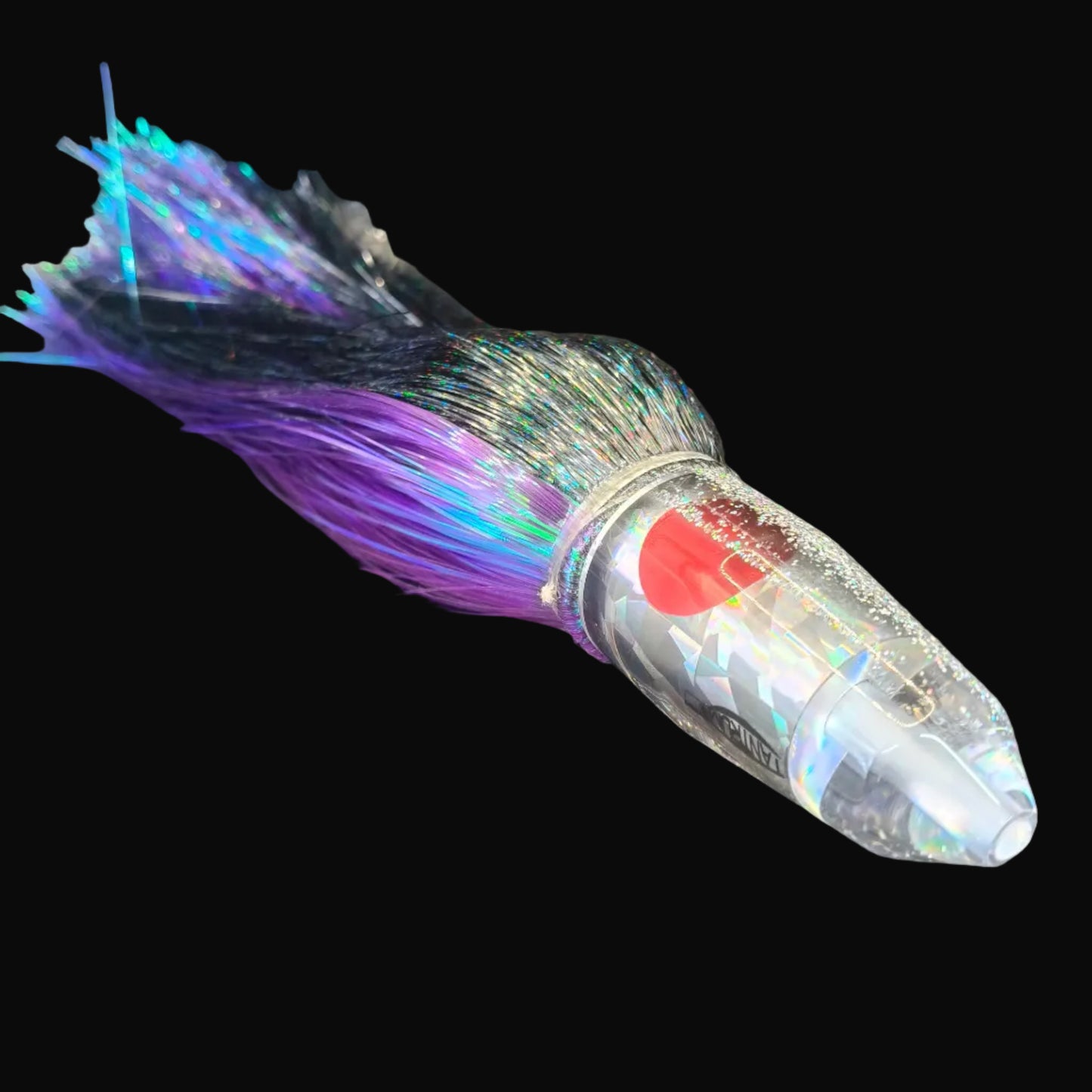 Tantrum Medium Bullet lure with clear head and Strobez black and purple skirts, 300mm trolling lure.