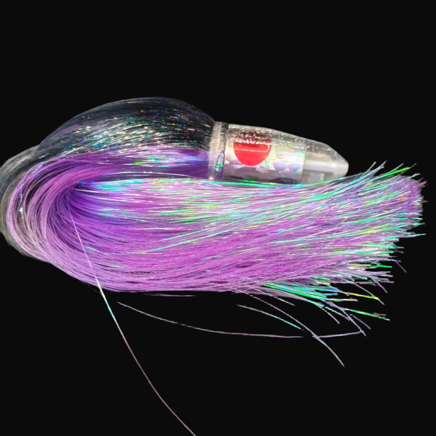 Tantrum Medium Bullet lure with clear head and Strobez black and purple skirts, 300mm trolling lure.