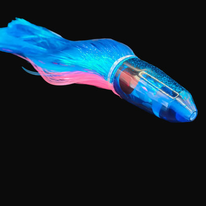 Tantrum Medium Bullet lure with dark blue head and Strobez royal blue, pink, and ice blue skirts, 300mm trolling lure.