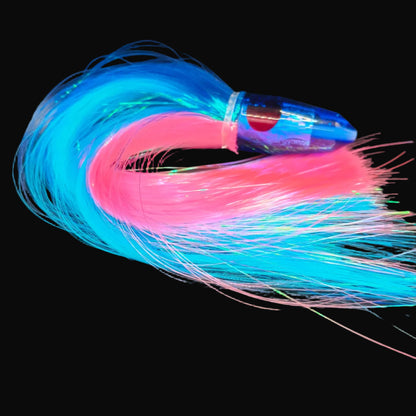 Tantrum Medium Bullet lure with dark blue head and Strobez royal blue, pink, and ice blue skirts, 300mm trolling lure.