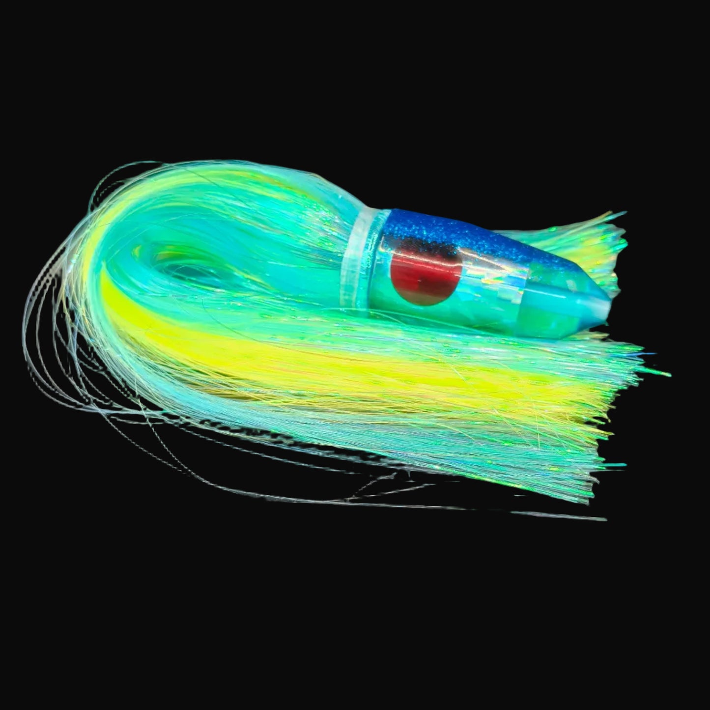 Tantrum Medium Bullet lure with light blue head and Strobez Ice Blue and chartreuse skirts, 300mm trolling lure.