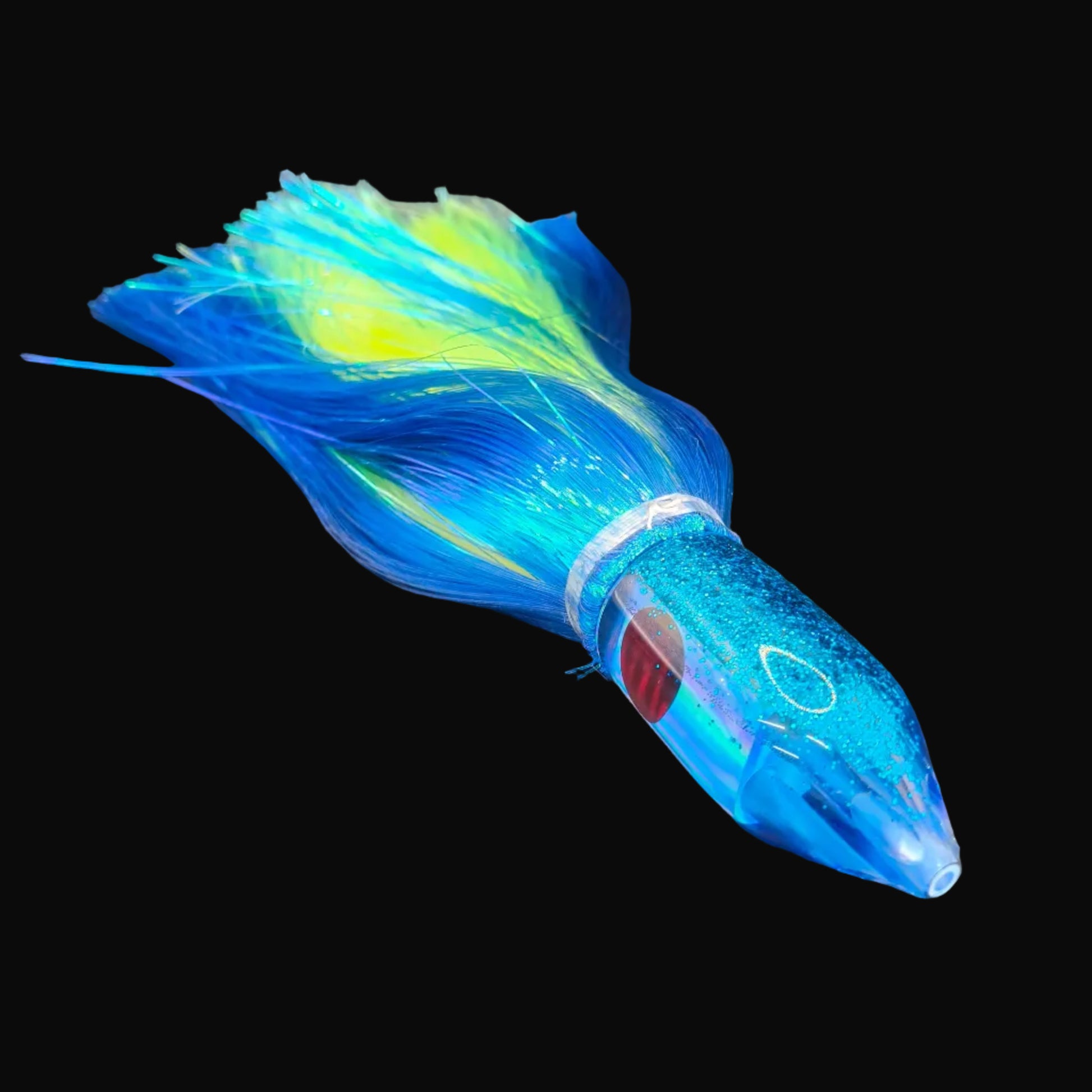 Tantrum Medium Jetpack lure with dark blue head and chartreuse and royal blue Strobez skirts.