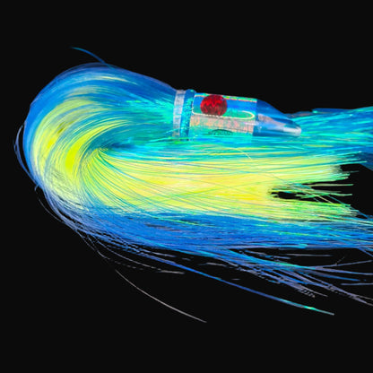 Tantrum Medium Jetpack lure with dark blue head and chartreuse and royal blue Strobez skirts.