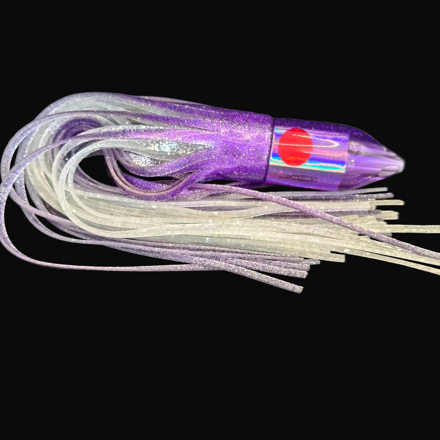 Tantrum Medium Jetpack lure with purple head and purple, silver, and Blue Ocean skirts, 350mm.