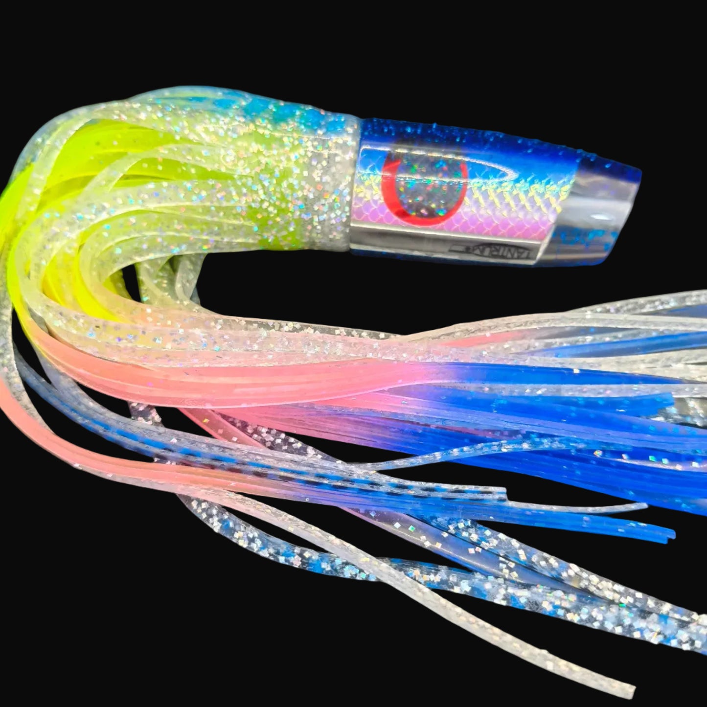 Tantrum Medium Plunger lure with dark blue head and BlueOcean blue/clear over yellow–pink–blue skirts, 310mm. Game fishing lure