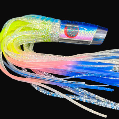 Tantrum Medium Plunger lure with dark blue head and BlueOcean blue/clear over yellow–pink–blue skirts, 310mm. Game fishing lure