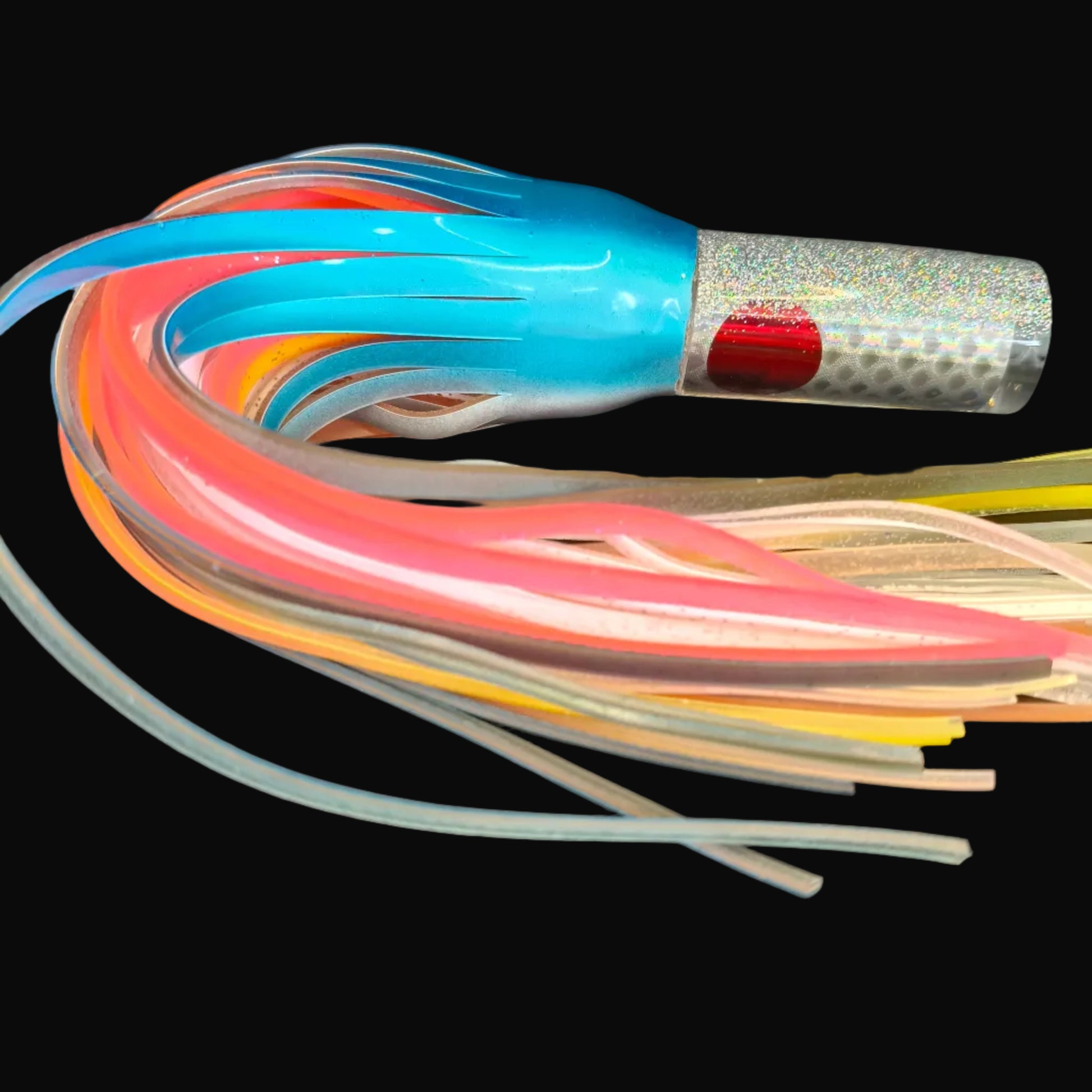 Tantrum Small AMN lure with clear head and BlueOcean salmon rubber skirts, 280mm.