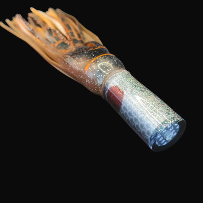 Tantrum Small AMN lure with clear silver head and BlueOcean black/brown over orange skirts, 270mm. Game Fishing Lures