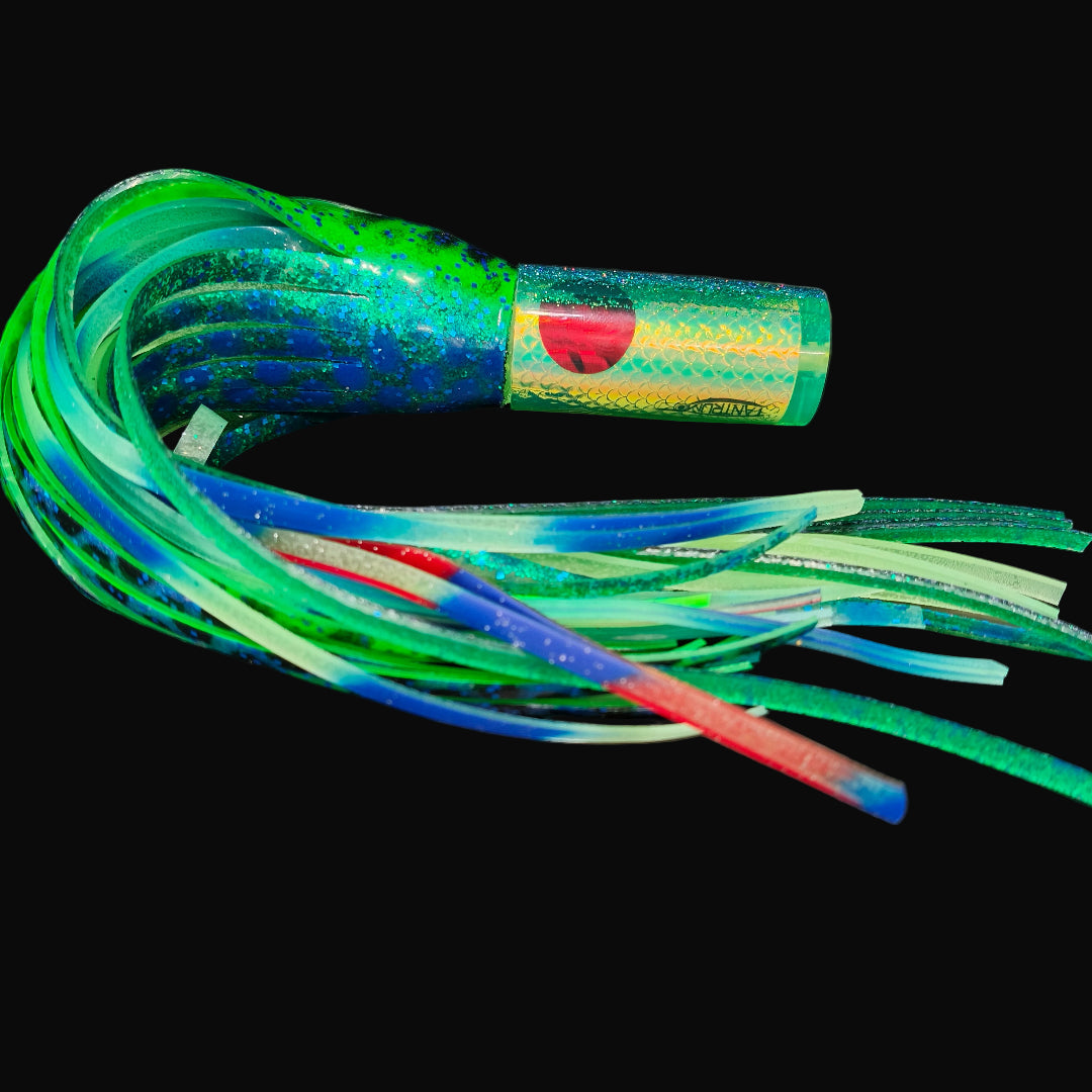 Tantrum Small AMN game lure with Fluro Yellow head and Blue Ocean skirts in blue/green over lumo.