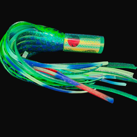Tantrum Small AMN game lure with Fluro Yellow head and Blue Ocean skirts in blue/green over lumo.