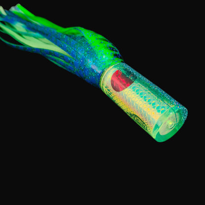 Tantrum Small AMN game lure with Fluro Yellow head and Blue Ocean skirts in blue/green over lumo.