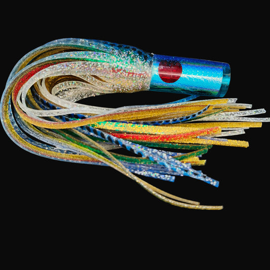 Tantrum Small AMN game lure with Light Blue head and Blue Ocean skirts in Evil colour scheme.