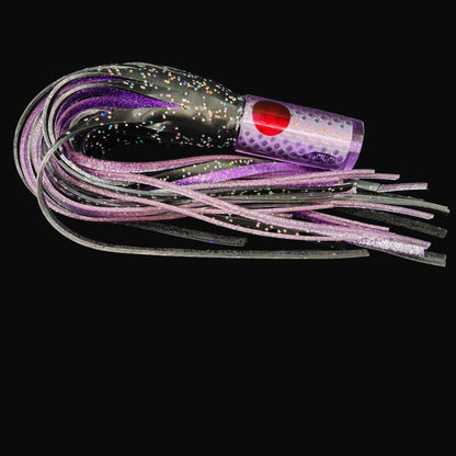 Tantrum Small AMN game lure with purple head and Blue Ocean skirts in black over purple.