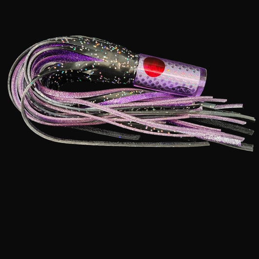Tantrum Small AMN game lure with purple head and Blue Ocean skirts in black over purple.