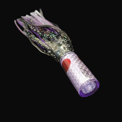 Tantrum Small AMN lure with purple head and BlueOcean black over purple skirts, 270mm.