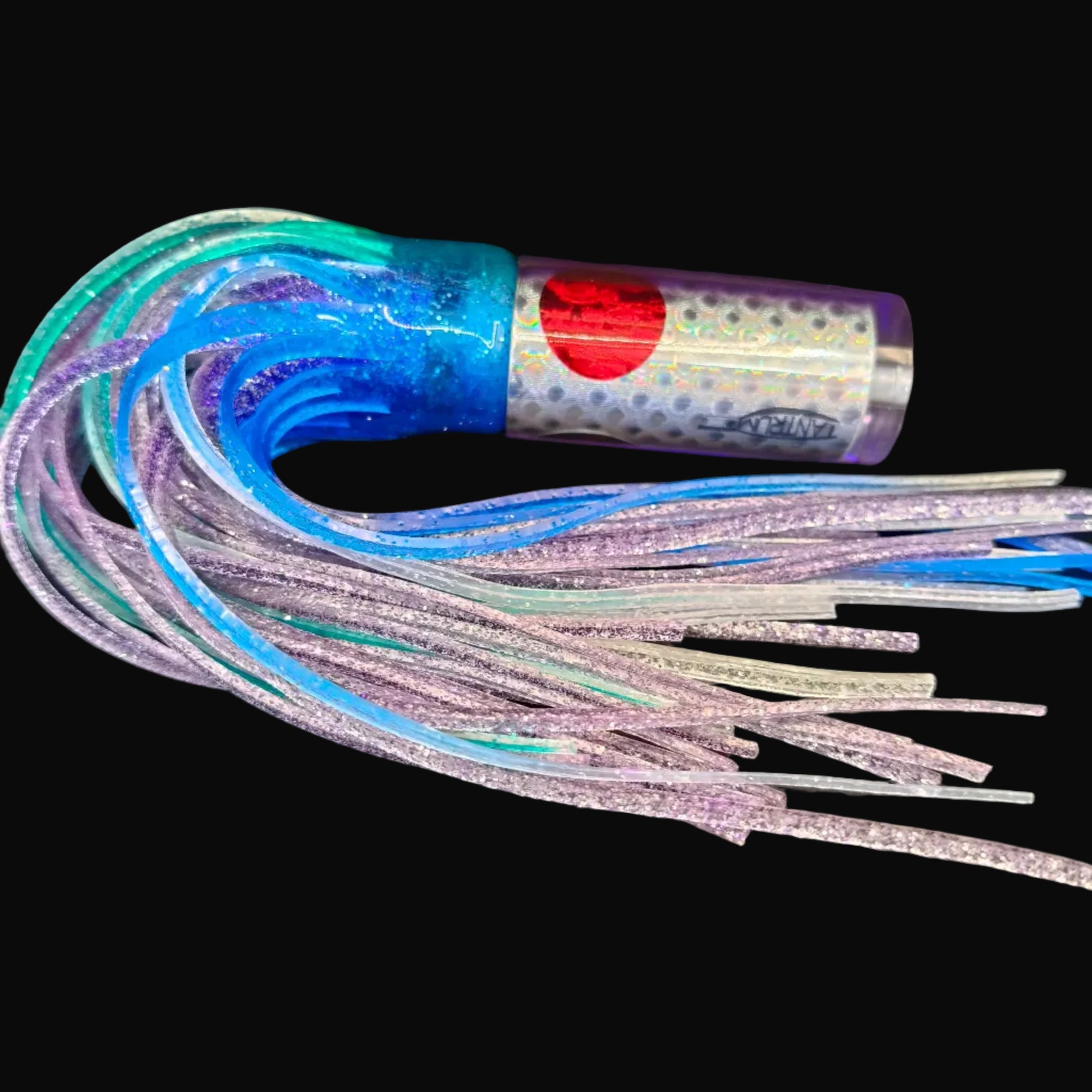 Tantrum Small AMN lure with purple head and BlueOcean green, purple, and blue skirts, 220mm.