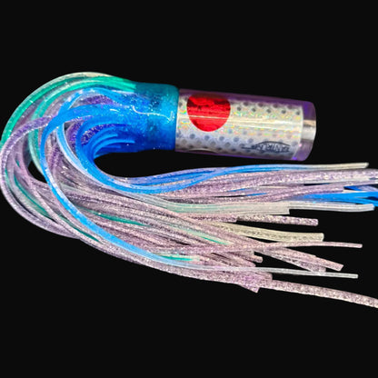 Tantrum Small AMN lure with purple head and BlueOcean green, purple, and blue skirts, 220mm.