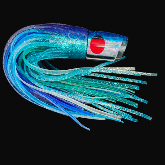 Tantrum Small Bandit LB Pelagic trolling lure with blue/mint head and blue/green ocean skirts.