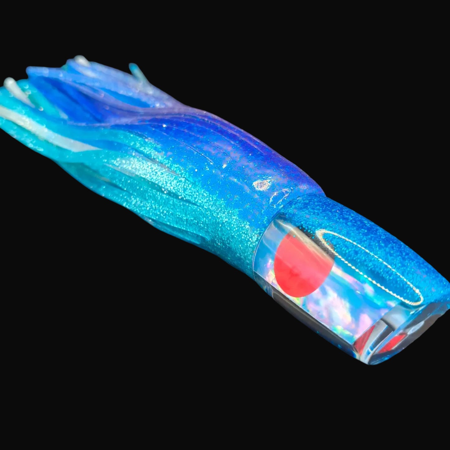 Tantrum Small Bandit lure with light blue head and blue/mint green over green BlueOcean skirts, 210mm.