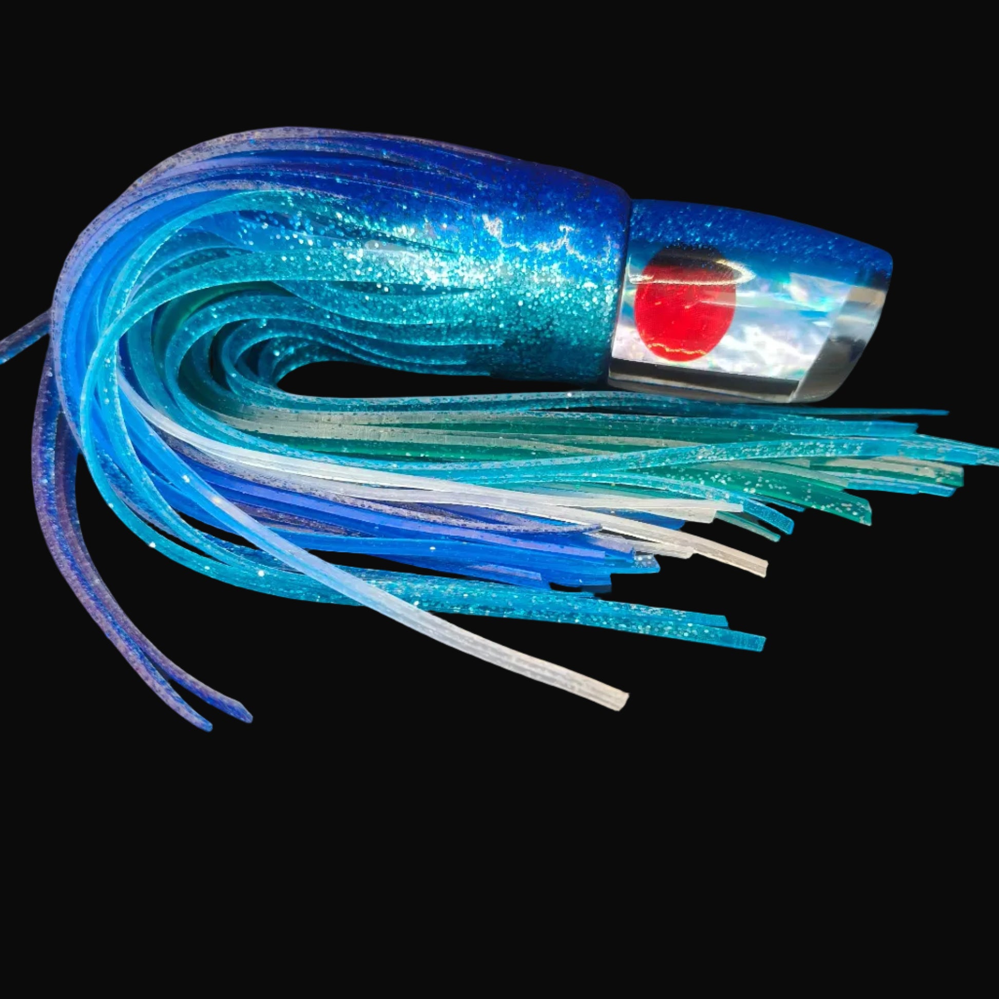Tantrum Small Bandit lure with light blue head and blue/mint green over green BlueOcean skirts, 210mm