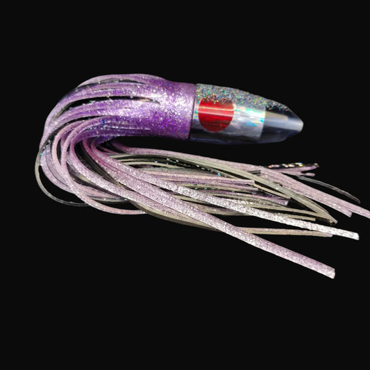 Tantrum Small Bullet lure with charcoal head and purple, black, and blue ocean skirts, 225mm trolling lure.