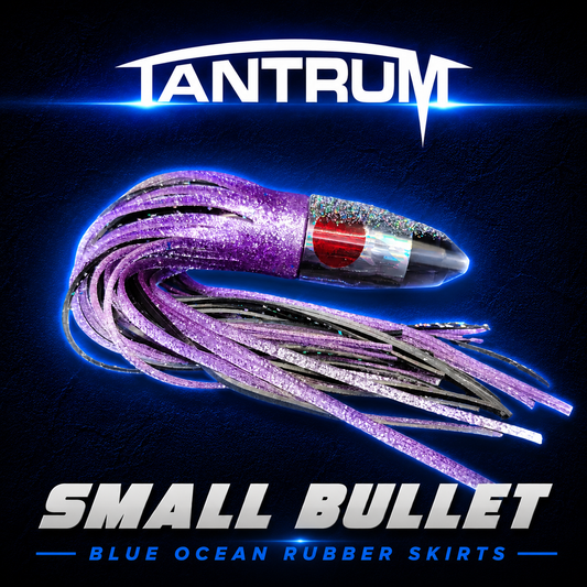 Tantrum Small Bullet game fishing lure, Skirted in blue Ocean rubber skirts, Warren Hay Marine, Whangrei 