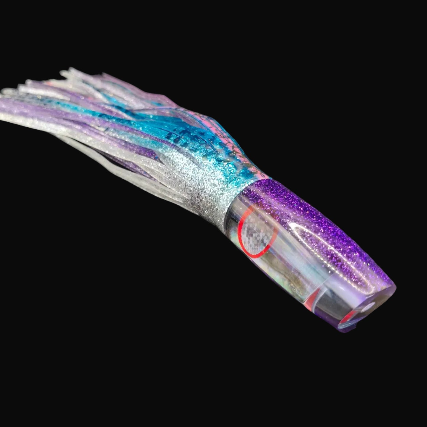 Tantrum Small Lunger lure with purple head and blue/silver over purple BlueOcean skirts, 220mm. Game fishing Lure