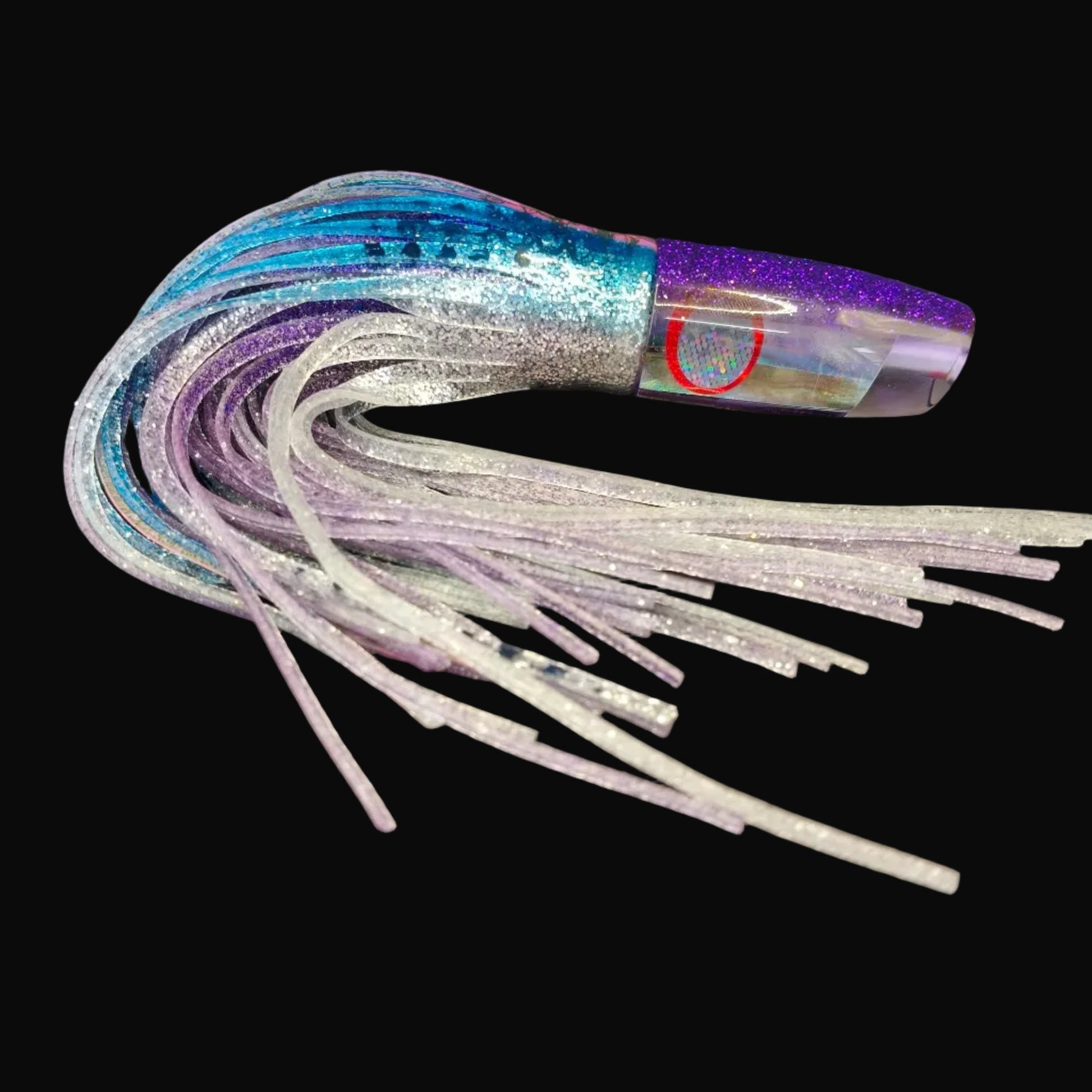 Tantrum Small Lunger lure with purple head and blue/silver over purple BlueOcean skirts, 220mm. Game fishing Lure