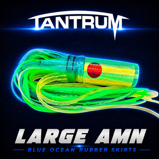 Tantrum Large AMN game fishing lure, Skirted in Blue Ocean rubber skirts, Warren Hay Marine, Whangarie