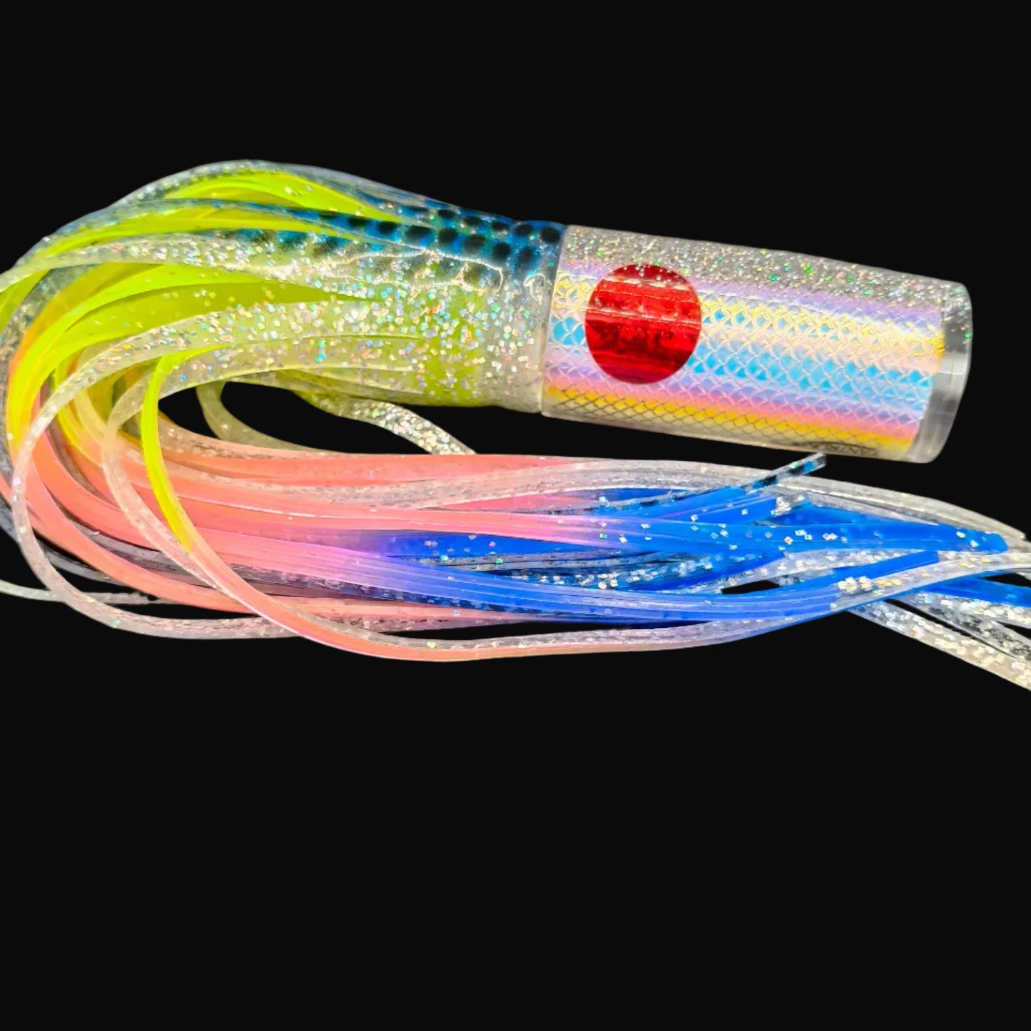 Tantrum TTS Medium AMN Game Fishing Lure – Clear Head with Blue/Silver over Yellow/Pink/Blue Blue Ocean Skirts (VAN)