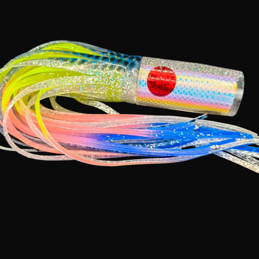 Tantrum TTS Medium AMN Game Fishing Lure – Clear Head with Blue/Silver over Yellow/Pink/Blue Blue Ocean Skirts (VAN)