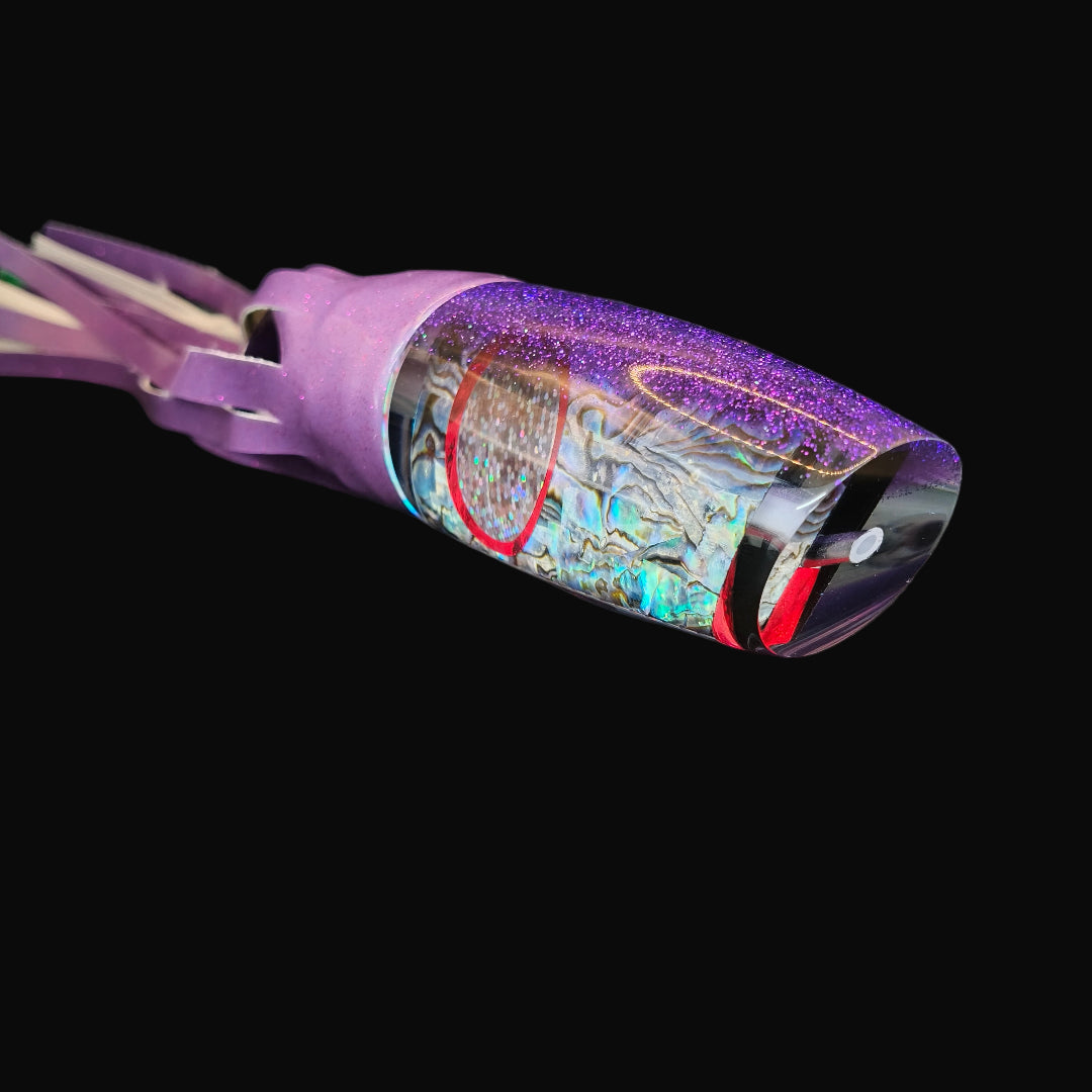 Tantrum XL Purple Plunger big game trolling lure with purple over green vinyl skirts