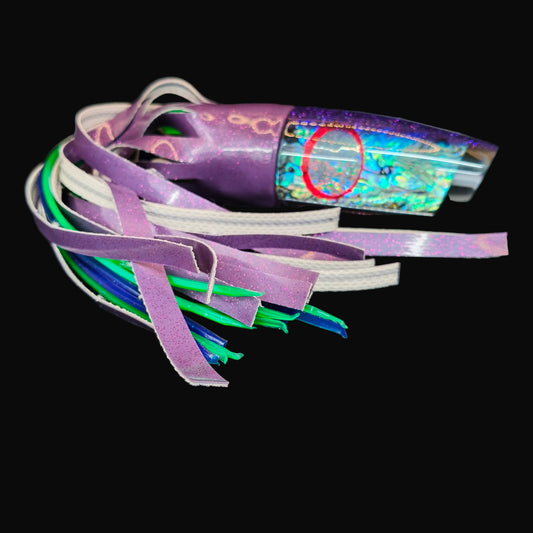 Tantrum XL Purple Plunger big game trolling lure with purple over green vinyl skirts