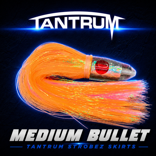Tantrum Meduim Bullet game fishing lure, Skirted in Tantrum Strobex skirts, Warren Hay Marine, Whangarei