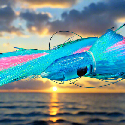 Tantrum Medium Jetpack LB lure with light blue head and pink/blue Strobez skirts – available at Warren Hay Marine.