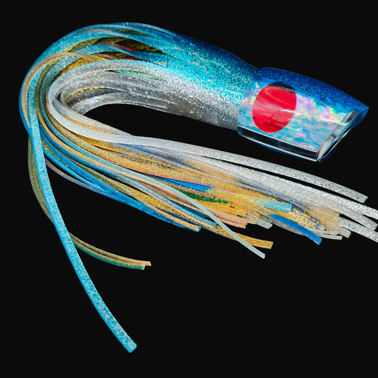 Tantrum Large Bandit trolling lure in evil colour with blue ocean skirts for marlin and tuna fishing