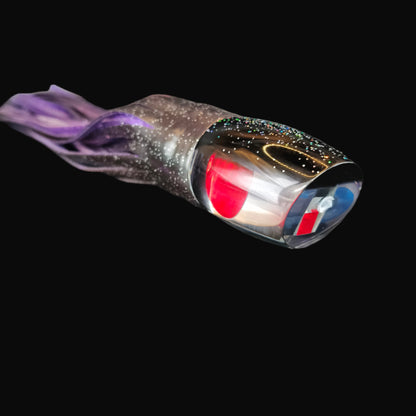 Tantrum Medium Bandit fishing lure – black head with purple-black rubber and ocean blue skirts
