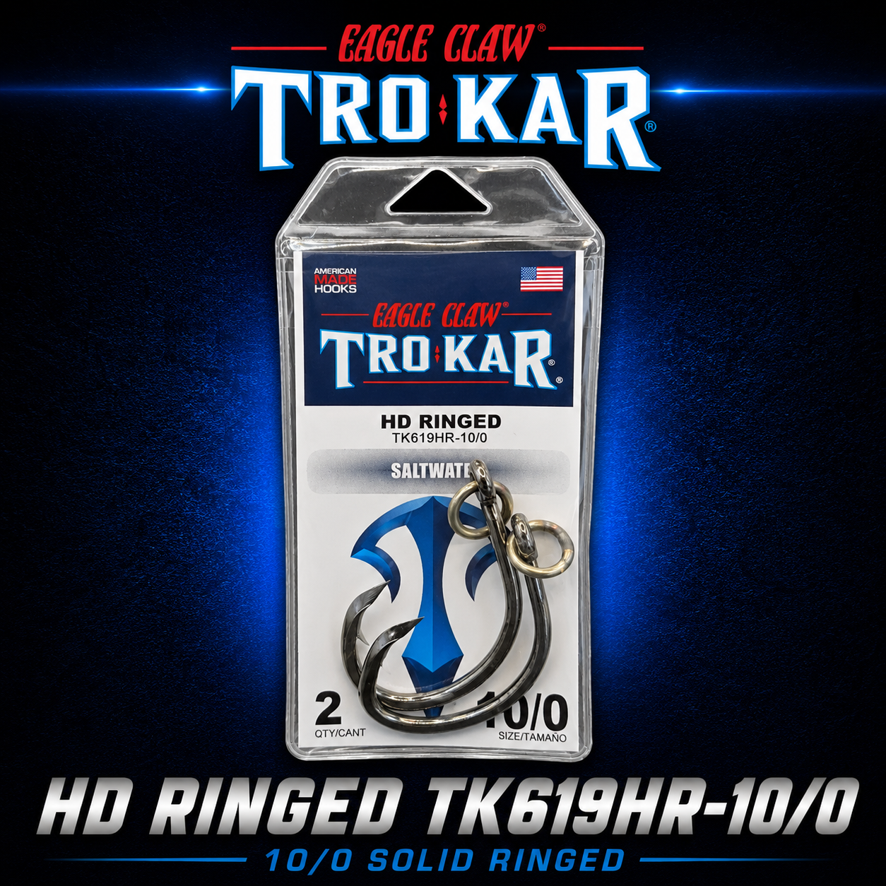 Trokar HD Ringed TK619HR-10/0 saltwater fishing hook with solid ring, heavy-duty offshore game fishing hook for kingfish, tuna, and marlin.