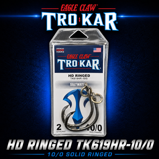 Trokar HD Ringed TK619HR-10/0 saltwater fishing hook with solid ring, heavy-duty offshore game fishing hook for kingfish, tuna, and marlin.