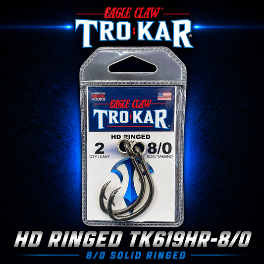 Trokar HD Ringed TK619HR-8/0 saltwater hook with solid ring on dark blue marine-themed background.