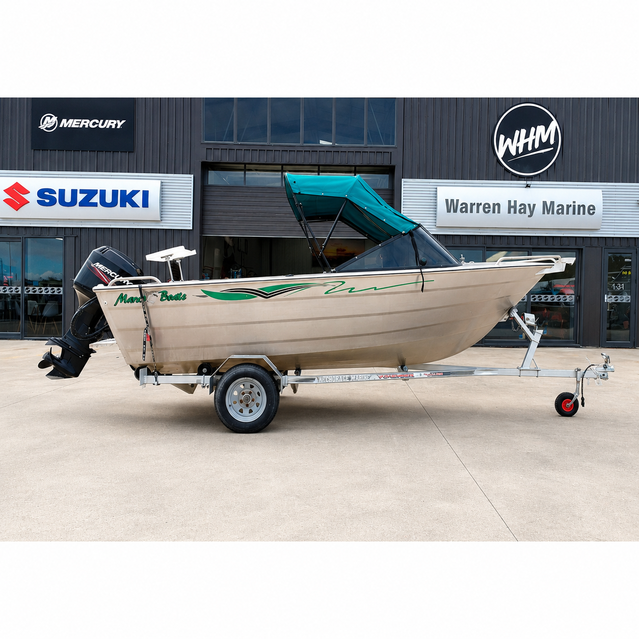 Used boat, Marco Blazer 480, starboard side, Mercury 50hp 2 stroke outboard, Warren Hay Marine, Whangarei 