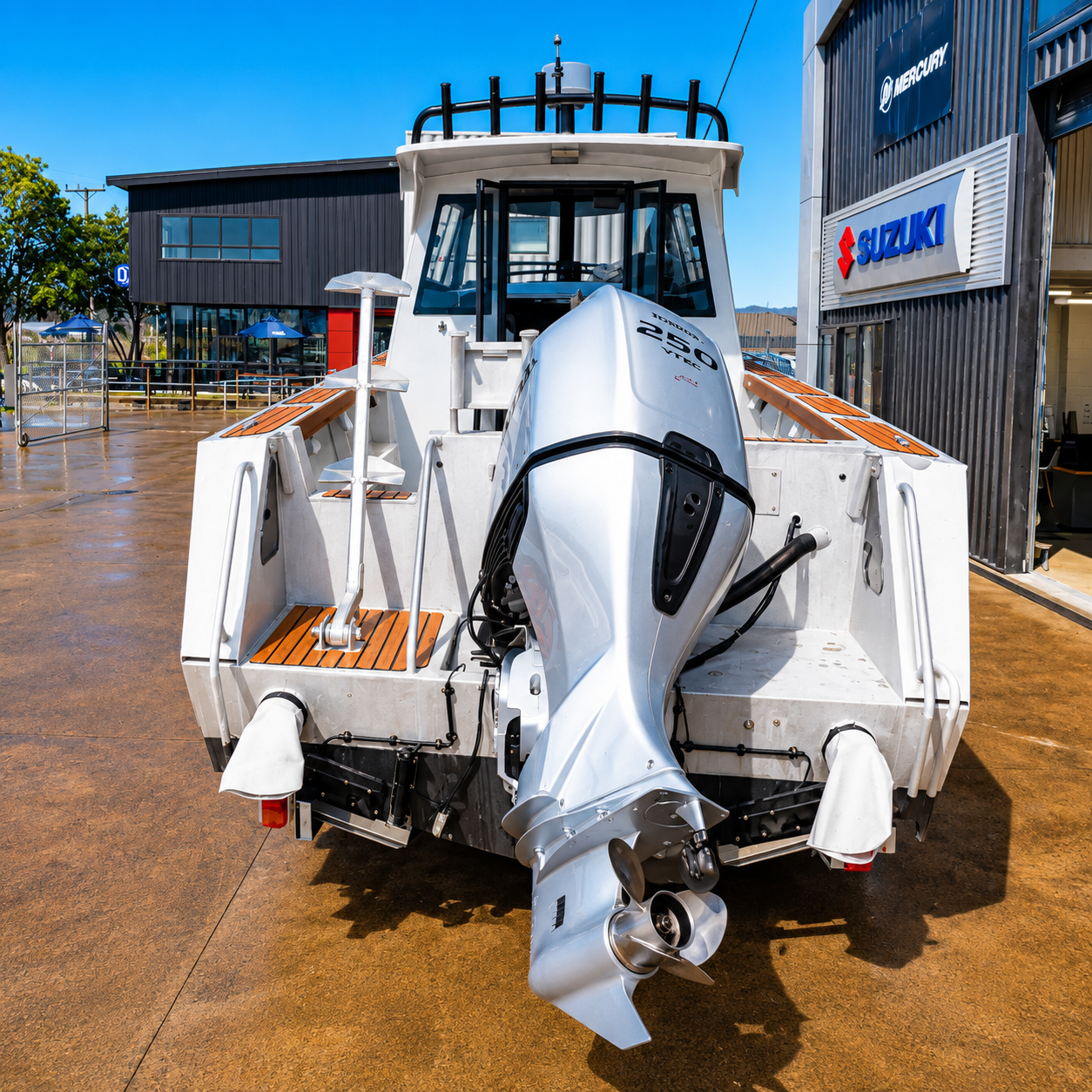 Rear view of a used Brave HT 800 aluminium hardtop boat with Honda BF250 VTEC outboard, boarding platforms, and fishing cockpit, displayed outside Warren Hay Marine in Whangārei.